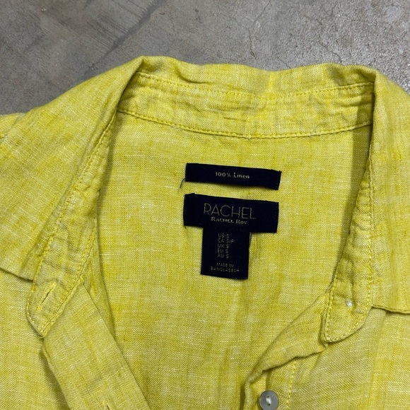 Rachel Roy yellow linen button down short sleeve shirt womens small summer - Picture 7 of 8